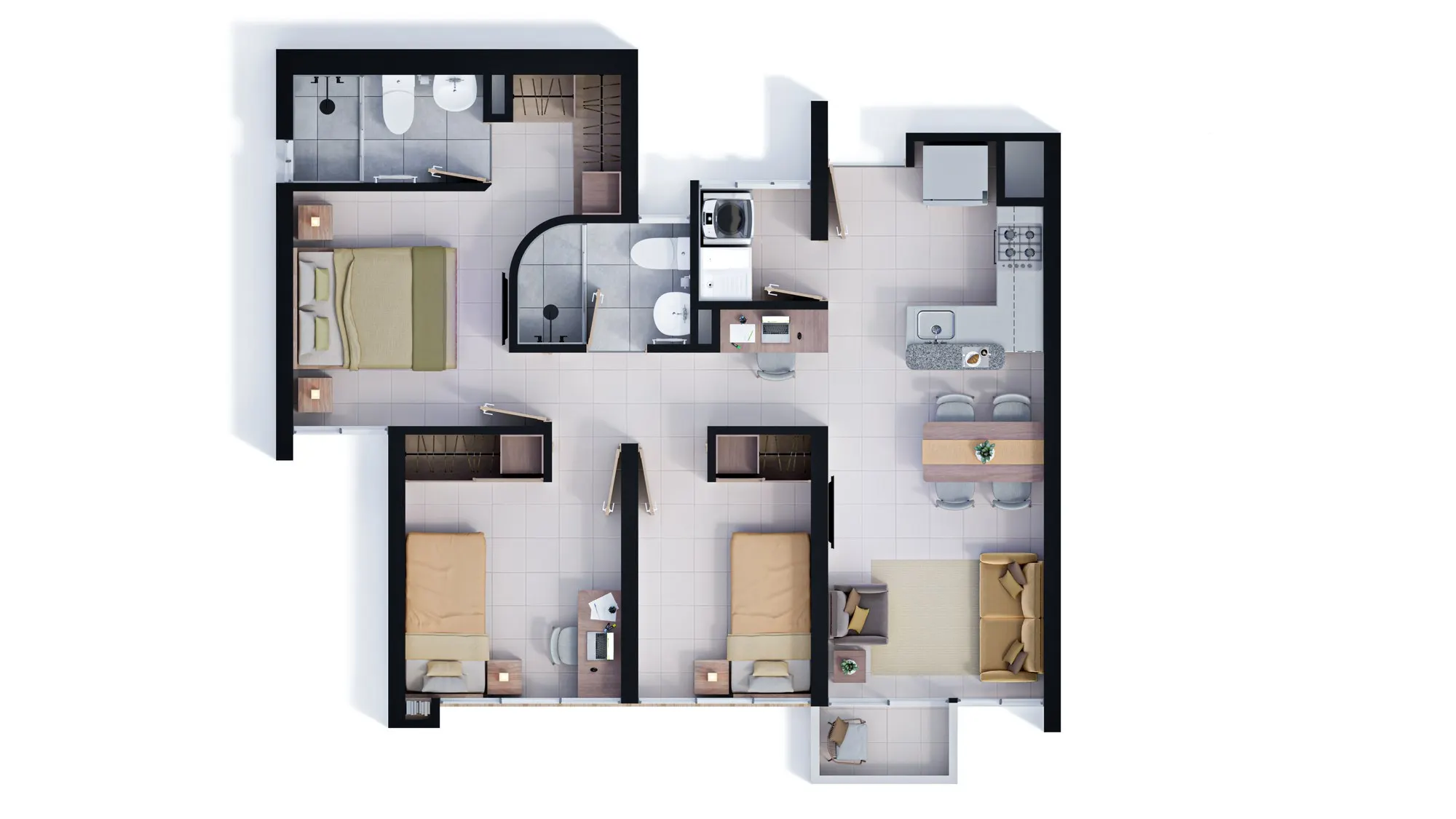 Plano del apartamento tipos 1 y 3 de Balcones del Llanito, 3 habitaciones